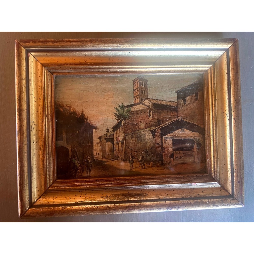 Vintage Italian Old World Art Framed Rome Street Scene Palazzo Braschi Repro Oil
